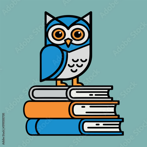 A charming and smart owl, rendered in a modern graphic style, perches attentively atop a colorful stack of textbooks, symbolizing wisdom, learning, and academic excellence. 