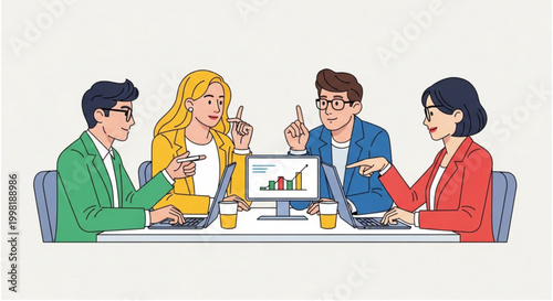 Dynamic team of business professionals engaged in a productive meeting, discussing strategic plans and analyzing performance data for project success and growth