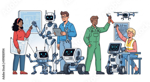 Innovative collaboration Humans and advanced robotics working together for sustainable agriculture and reforestation efforts, nurturing new growth