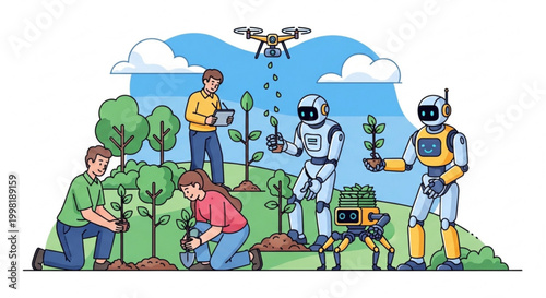 Embracing the future A diverse ensemble of human and robotic characters interacting with advanced technology, including a drone and a hoverboard, symbolizing innovation and progress