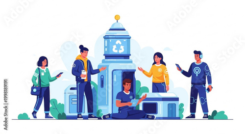 Illustration of people interacting with a modern recycling machine, promoting eco-friendly habits and sustainable technology for a greener future