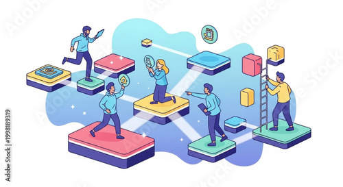 Abstract illustration of people collaborating and connecting via digital networks on floating platforms