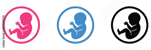 Fetal development icon, pink blue black variants, pregnancy growth symbols, prenatal baby stages concept, medical vector illustration