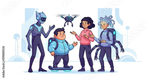 A diverse group of futuristic characters, including robots and humans, interacting with advanced technology and an aerial drone, symbolizing innovation and future collaboration