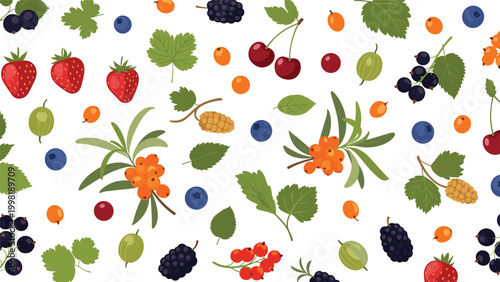 Colorful seamless pattern of various wild berries including strawberries, cherries, blackberries, and blueberries with green leaves.