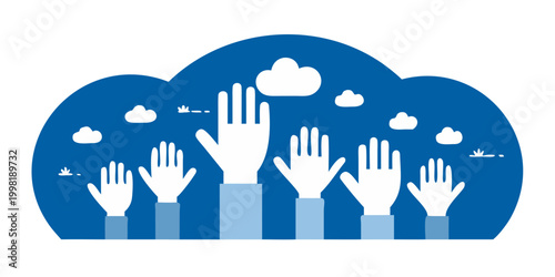 Raised hands illustration with clouds flat vector graphic