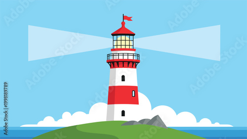 Bright red and white lighthouse on a green grassy island under a clear blue sky emitting strong beams of light at both sides.