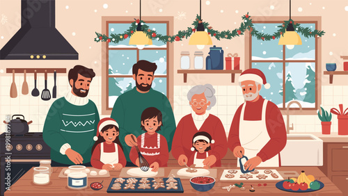 Large multi-generational family happily baking Christmas cookies together in a decorated kitchen with a warm festive atmosphere.