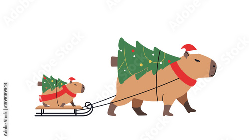 Mother and baby capybara wearing festive santa hats while carrying christmas trees and riding a sled through a winter wonderland.