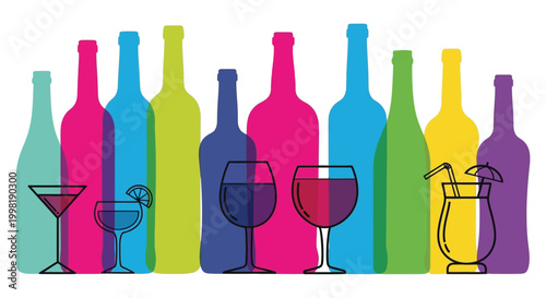 A colorful illustration of wine bottles and glasses