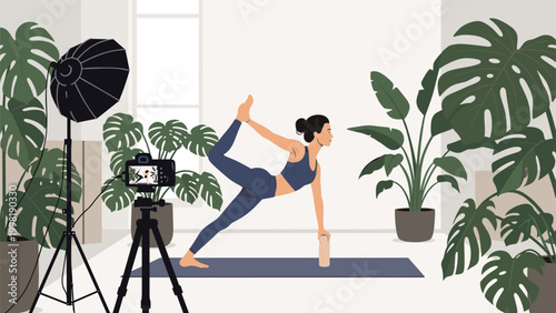 Dedicated woman practices yoga in a bright room filled with large monstera plants while recording a fitness video for her followers.