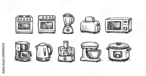 Collection of hand-drawn kitchen appliance icons in a simple sketch style