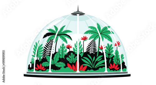 A transparent glass dome with a black base encloses a dense, vibrant jungle scene featuring two tall palm trees and various tropical plants on a white background.