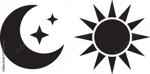 This image displays black silhouette icons of a crescent moon with two stars and a bright sun