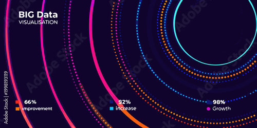 Abstract data visualization with colorful concentric circles and statistics