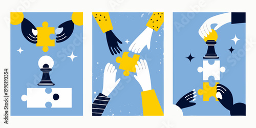 Abstract hands interacting with puzzle pieces and chess pieces