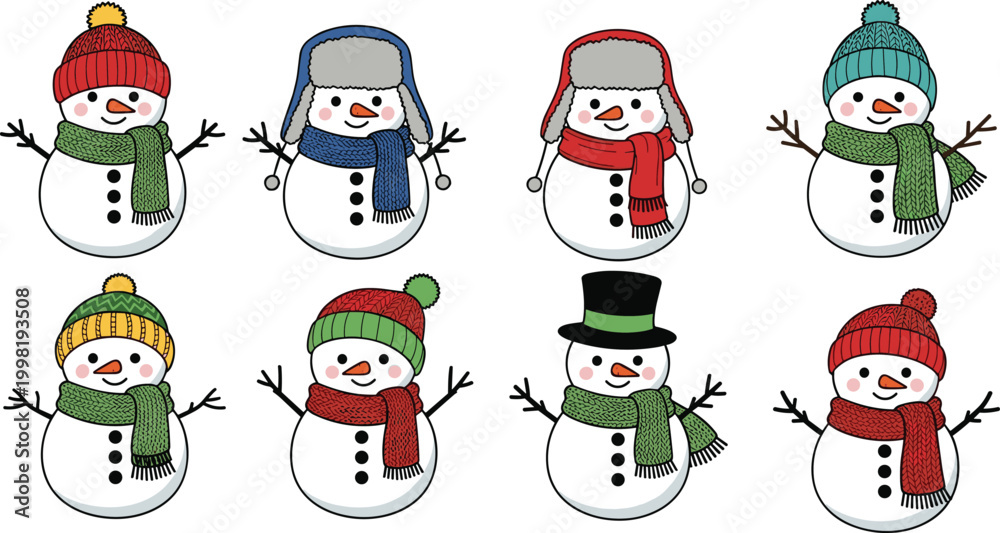 Εκτύπωση καμβά Cute cartoon snowmen with winter hats and scarves, festive holiday illustration,