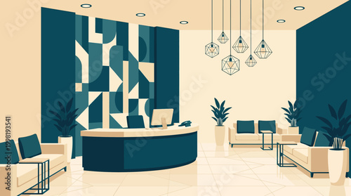 Modern office lobby with reception desk and comfortable seating area indoors