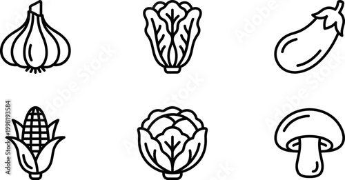 vegetable icon set, outline garlic cabbage eggplant corn mushroom, fresh organic food vector collection isolated on transparent background