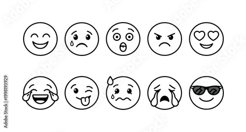 Collection of simple line art emoji faces expressing various emotions and moods
