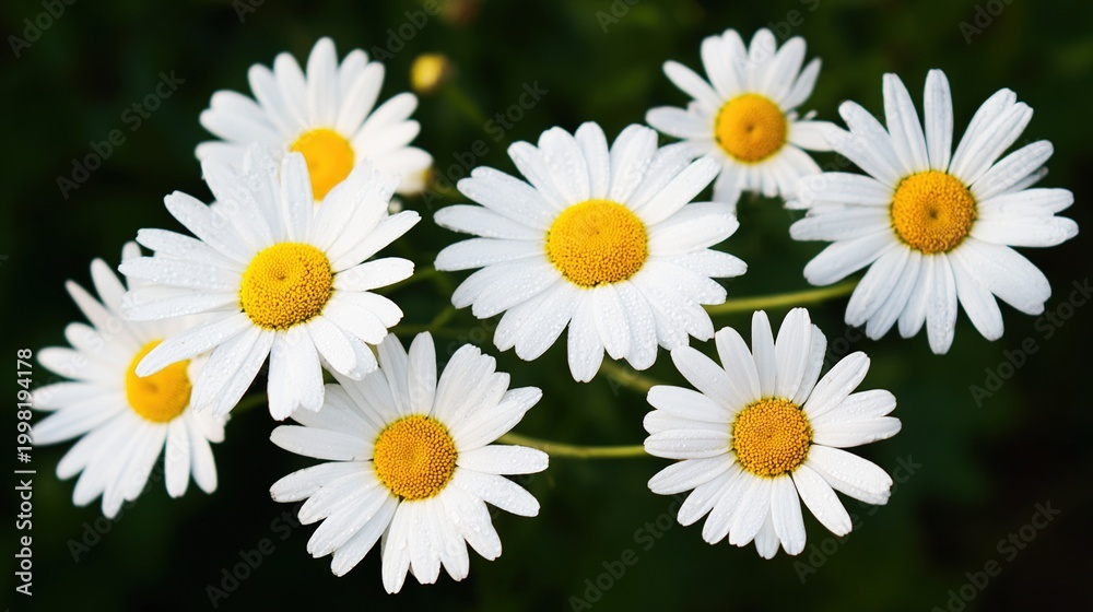 Fototapeta premium daisy. Daisy bouquet with morning dew, white petals and yellow centers against a soft green background. gardening catalogs, home-decor guides, designed for gardening and botanical catalogs.