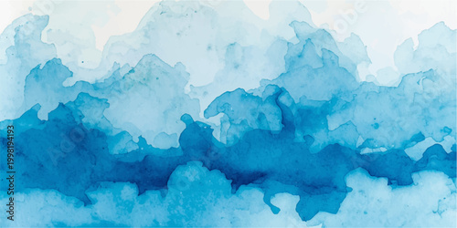 A vintage blue watercolor painting of a cold winter iceberg floating in the light blue sea under a textured sky with soft white clouds and a hint of smoke