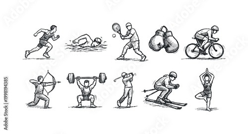Collection of diverse athletic activities depicted in a simple sketch style