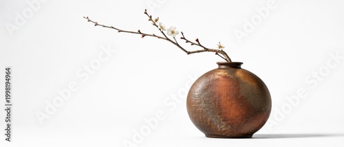 old Japanese Bizen ware moon vase with warm earthy clay tones and natural ash fired texture holding a single graceful plum branch wabi sabi aesthetic on white background
