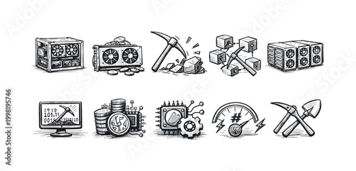 Digital currency mining equipment and concepts in a hand-drawn sketch style
