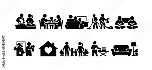 Family daily life activities icons: cooking, dining, relaxing, cleaning, and playing games