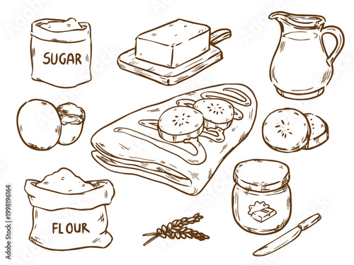 Set of hand drawn basic chocolate banana crepe recipe outline drawing illustration