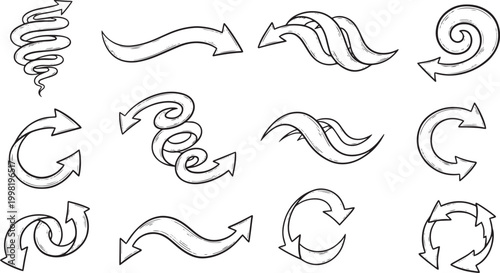 Set of Ornate Sketchy Arrows and 3D Spiral Directional Icons