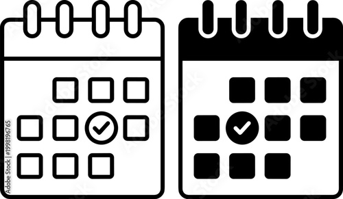 calendar date icons set, schedule planner and event reminder symbols, line and solid interface design with check mark isolated on transparent background
