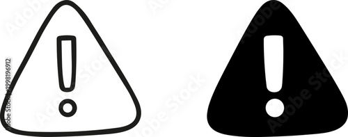 warning alert icons set, caution danger triangle signs with exclamation mark, outline and solid safety symbols isolated on transparent background