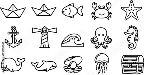 Collection of black and white line depicting marine life and nautical