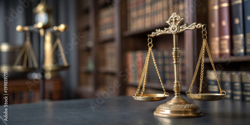 Golden scales of justice law book legal symbol courtroom balance antique brass professional authority justice concept library background