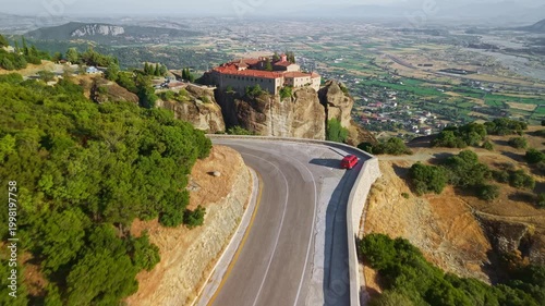 Aerial view of the Holy Monastery of Saint Stephen at Sunset, Meteora, Greece