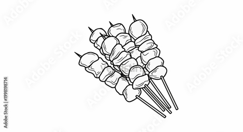 Realistic line art of stacked meat skewers on white