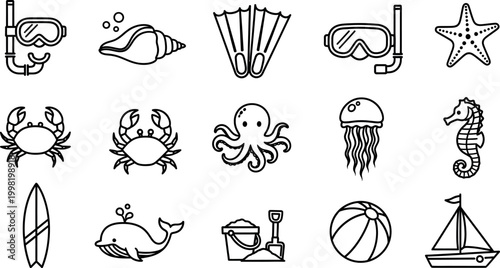 Collection of black and white line depicting ocean life and beach activities summer vacation