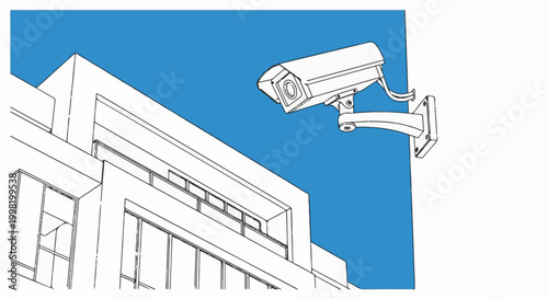Overhead surveillance camera mounted on a modern building facade