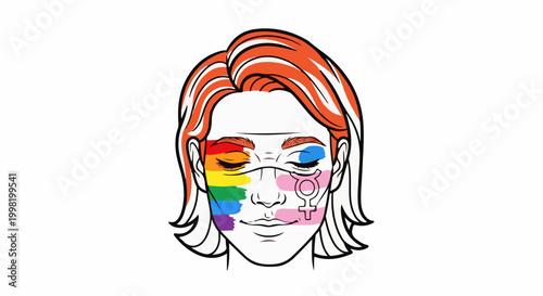 Person with rainbow and pink stripes on face, pride symbol