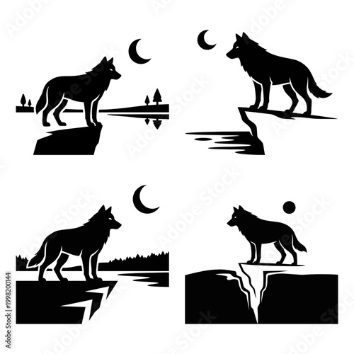 Wolf canyon silhouette with crescent moon and river cliffs