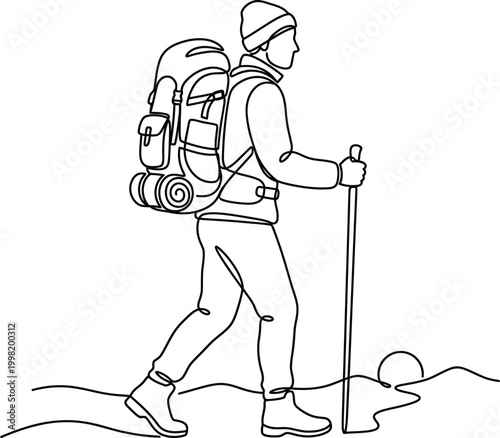 Sketch detailed of a backpacker hiking with a large pack and trekking pole outdoors