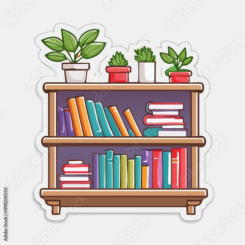 Cartoon Bookshelf with Potted Plants