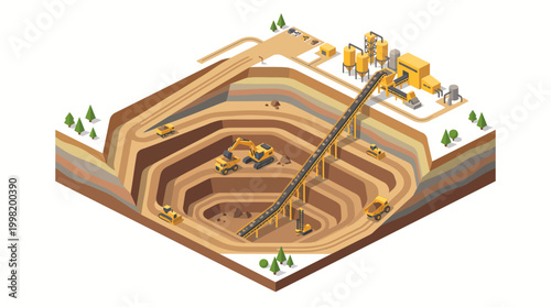 An industrial mining operation scene with heavy machinery on a layered earth excavation site.