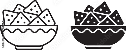 Black and white line and solid fill of a bowl filled with triangular tortilla chips