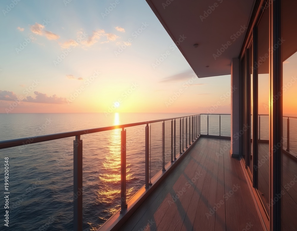 Naklejka premium Balcony overlooks calm sea at sunrise. Warm golden sun illuminates ocean waves. Gentle morning light fills spacious terrace with reflective windows.