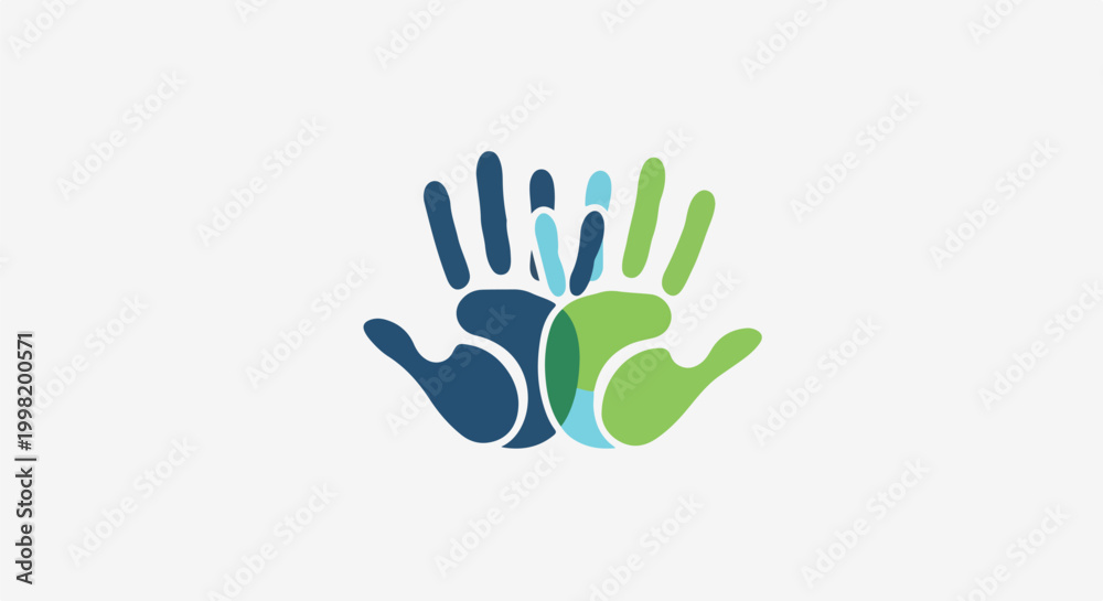 Fototapeta premium Overlapping handprints in blue, green, and teal on white background