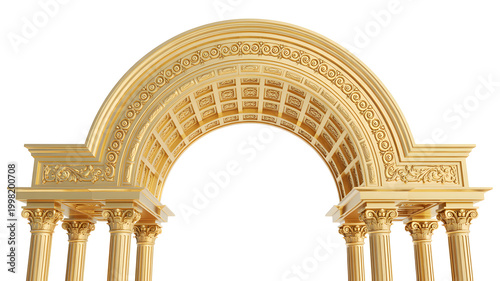 Luxurious Golden Archway with Ornate Corinthian Columns and Detailed Architectural Carvings, Elegant Classical Entrance Design Isolated on White Background for Premium Interior Decor and Event