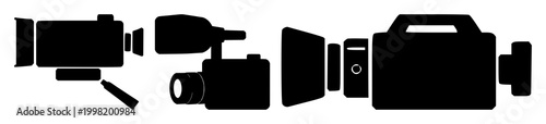 Video camera set with solid black icon on white background featuring icon, design, illustration with technology and media
